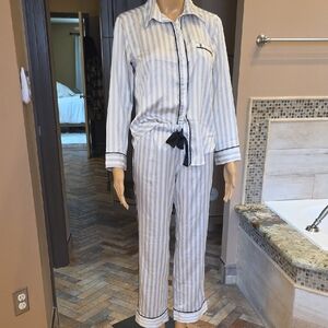 Victoria's Secret Light Blue & White Striped Pajama Set with Black Tie